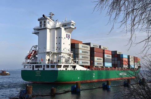 Container ship ELBINSEL leaves Kiel-Holtenau lock and sails to Kiel Fjord, Schleswig-Holstein,