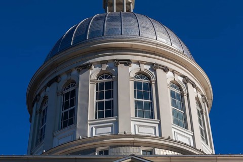 Close-up of Bonsecours Market dome with arched windows and Renaissance Revival, Neoclassical