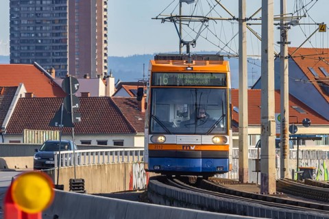 Tram on the Kurt Schumacher Bridge, which connects Mannheim and Ludwigshafen across the Rhine. The