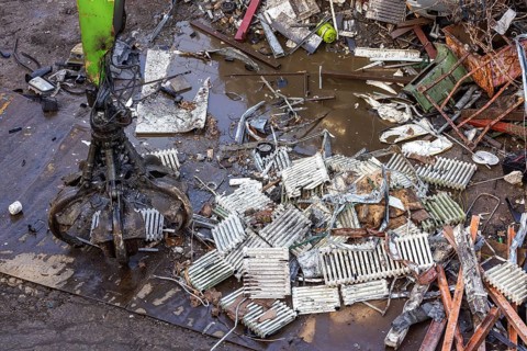Scrap trade in a commercial port. Old radiators are ready for scrapping and recycling. Mannheim,