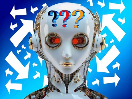 Icon photo, perplexed robot, critical cyber future, security DNA transfer, ethos and robots,