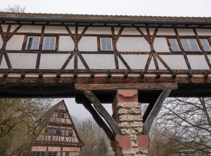 Fachwerk, Verbindungsgang, Protestant Seminary, Blaubeuren, Swabian Jura, Baden-Württemberg,