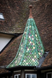 Spitzer Tower with green, glazed roof tiles, Protestant Seminary, Blaubeuren, Swabian Jura,