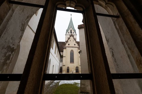 View from cloister in Kreuzgarten, Blaubeuren Abbey, Swabian Jura, Baden-Württemberg, Germany