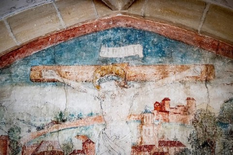 Faded medieval fresco, Christ on the Cross, Cloister, Blaubeuren Abbey, Swabian Jura,