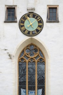 Large clock with gold-plated dial, Gothic window, Protestant Seminary, Blaubeuren, Swabian Jura,