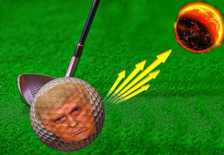 Symbolic image, gulf-obsessed USA and world king Trump flies towards Mars, endless chaos by