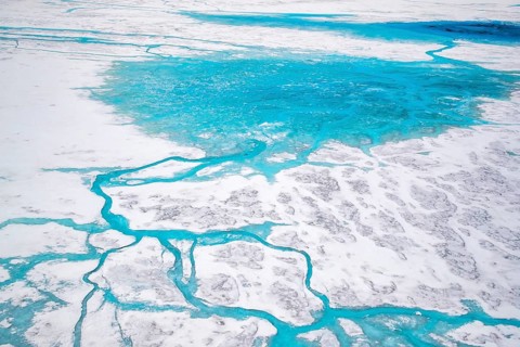 Aerial view of surface lakes (glacial/proglacial lakes) and Glacial rivers, climate change, global