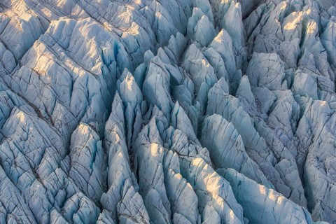 Aerial view of Ice sheet in Greenland, Arctic landscape, frozen wilderness, glaciers and