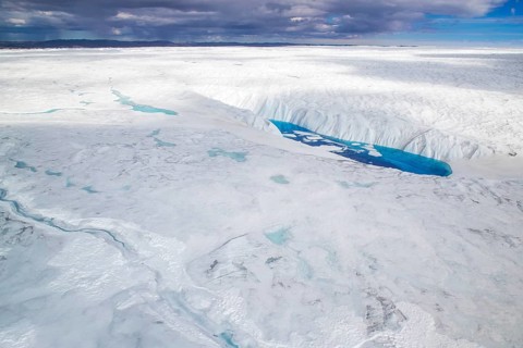 Aerial view of surface lakes (glacial/proglacial lakes), climate change, global warming, Arctic
