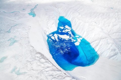 Aerial view of surface lakes (glacial/proglacial lakes), climate change, global warming, Arctic
