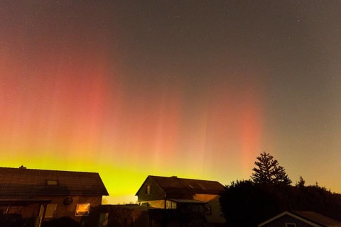 Red and green auroras, stars twinkle over houses and trees, aurora borealis, Ilsede, Lower Saxony,