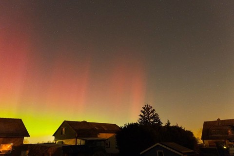 Red and green aurora borealis in the night sky above houses, trees silhouetted, aurora borealis,