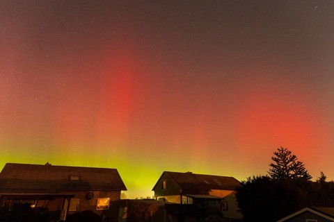 Northern lights in red and green over houses, trees and starry sky at night, aurora borealis,