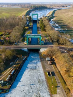 Frozen water surface in front of the Niegripp lock from a bird's eye view, Niegripp lock,