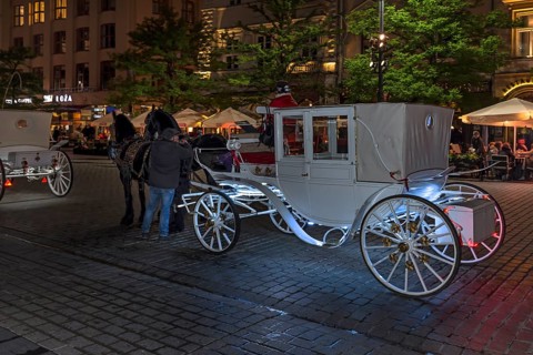Waiting horse-drawn carriages at the market square at night, Krakow, Poland