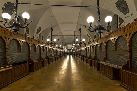 Closed Cloth Hall at night, Krakow, Poland