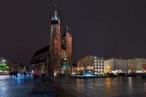 St. Mary's Basilica at night, Krakow, Poland