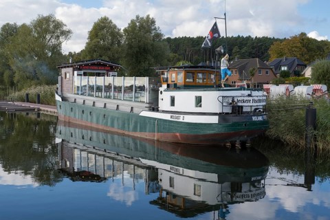 Smoking ship, restaurant ship on Lake Selliner, reflection, Sellin, Baltic resort, Rügen island,