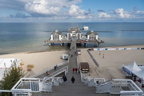 Stairway to pier and restaurant, Sellin, Baltic resort, Rügen island, Mecklenburg-Western