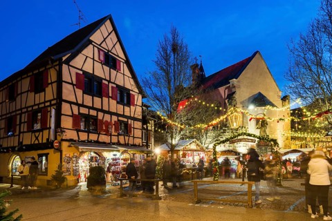 Christmas market, blue hour, Eguisheim, Haut-Rhin, Grand Est Region, Alsace, France