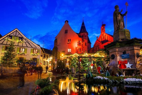 Houses illuminated and decorated for Christmas, Christmas market, blue hour, Eguisheim, Haut-Rhin