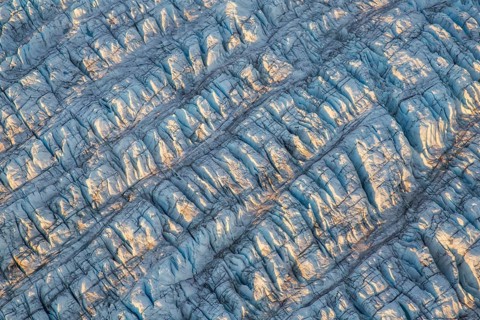 Aerial view of Ice sheet in Greenland, Arctic landscape, frozen wilderness, glaciers and