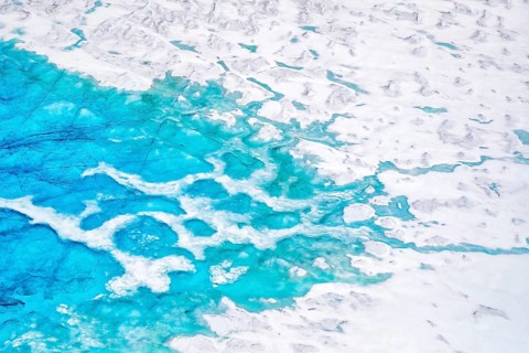 Aerial view of surface lakes (glacial/proglacial lakes), climate change, global warming, Arctic