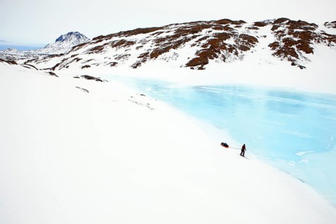 A tourist on a winter Arctic expedition skiing along Ikasartivaq Fjord, Sermersooq municipality,