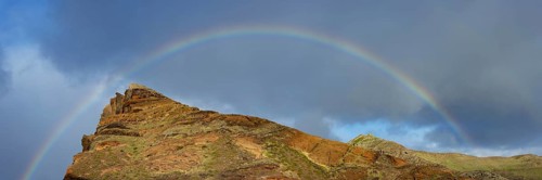 Rainbow over the volcanic peninsula, Ponta de São Lourenço, Ponta de Sao Lourenco, rocky coast,