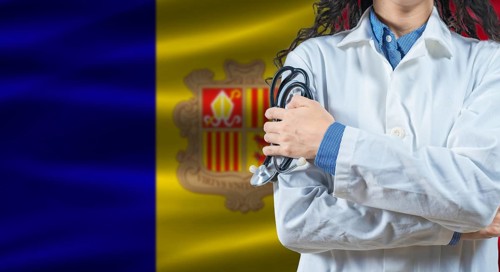 Healthcare professional with Andorra flag background. Professional doctor holding stethoscope on