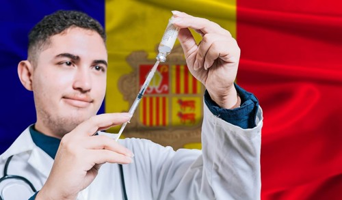 Doctor holding syringe on Andorra flag background. Medical professional holding syringe with