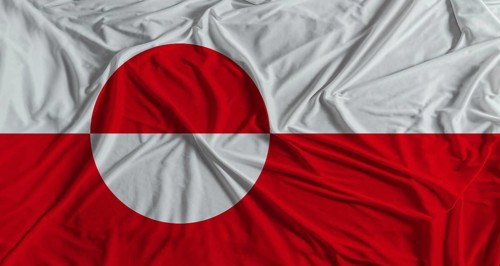 Greenland flag with fabric texture background. National flag of Greenland with cloth texture