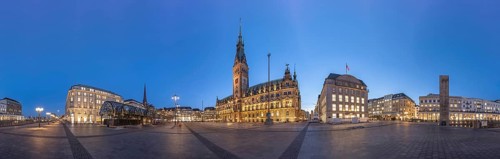 360 degree view of Rathausplatz at Blue Hour with Town Hall, Alster Arcades, Jungfernstieg,