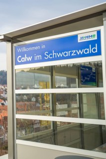 Welcome sign in Calw in the Black Forest at a viewpoint with glass panels, acceptance of the