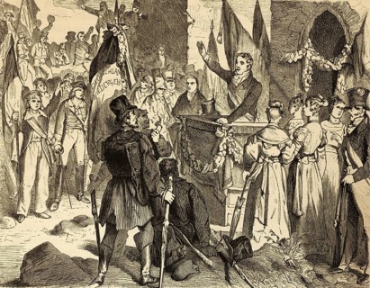 The Hambach Festival (May 1832) popular assembly, outdoors, speakers, audience, population, flags,