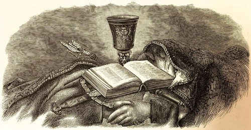 Symbolic picture church, religion, culture, Bible, decorated chalice, sword, Christian faith, hand,