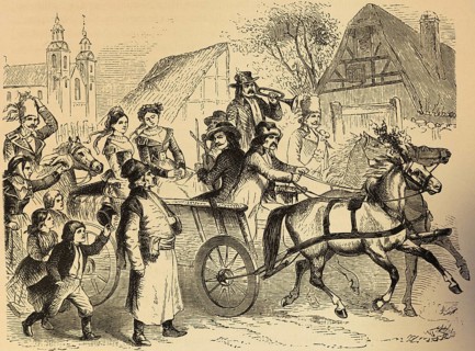 Polish farmer wedding, village scene, festival, horse-drawn carriage, trot, bridal couple, wedding,