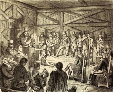 Assembly of the secret society of Carbonari or Karbonari in the assembly building, baracca, hut,