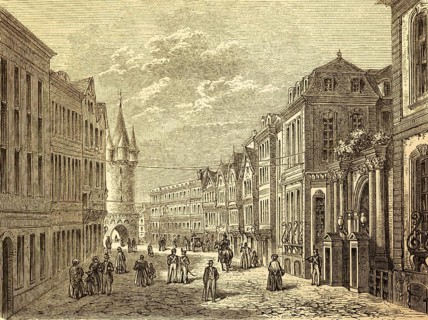Federal Palace with view of the Eschenheim Gate Tower, building, Frankfurt Main, wide street with