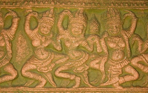 Relief of a temple, group of dancing woman, Buddha, Buddhism, religion, Ayutthaya, Thailand,