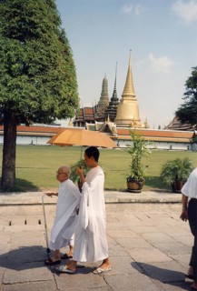 Bhikkhuni, Buddhist nuns walking with parasol in front of Wat Phra Kaeo, (Temple of the Emerald