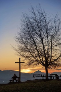 View from the rest area on the Auerberg into the West Allgäu mountains with the Grünten (1737 m),