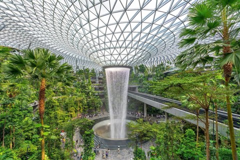 Forest Valley with Rain Vortex, world's tallest indoor waterfall at Jewel Changi Airport in the