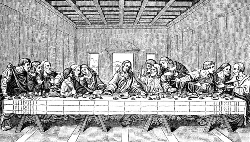 Mural painting The Holy Supper (1495-1497) after Leonardo da Vinci, Last Supper of Jesus,