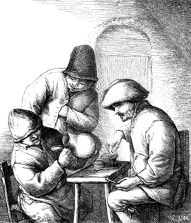Peasants playing dice, three men at the table, jug, drinking, poverty, laughing, fun, closing time,