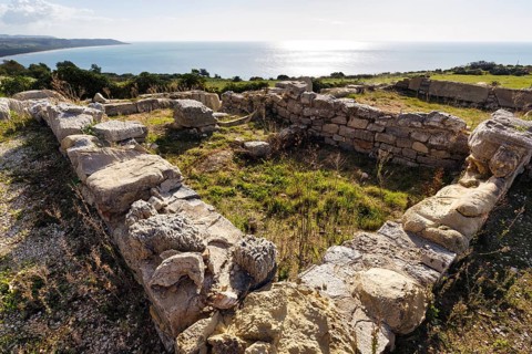 Ancient archaeological site Heraclea Minoa, restoration, ruins overlooking the sea, coastline,