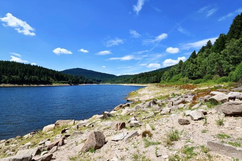 Beautiful mountain lake in the Black Forest in Forbach in Germany called Schwarzenbach Reservoir