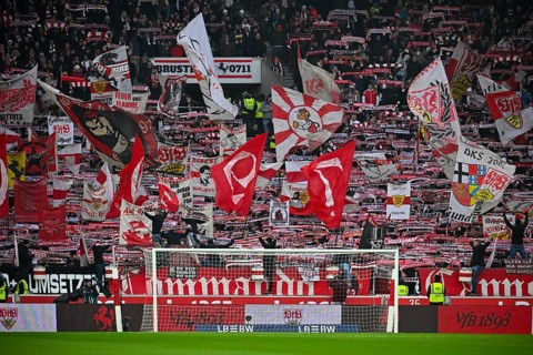 Fan block, fans, fan curve, flags, atmosphere, atmospheric Cannstatt curve VfB Stuttgart, MHPArena,