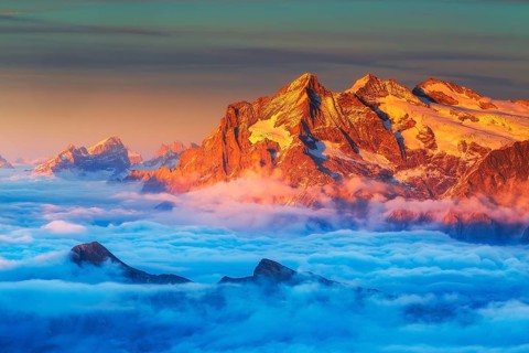 View from the Schilthorn to the Mittelhorn at sunset, Grindelwald, Bernese Oberland, Switzerland